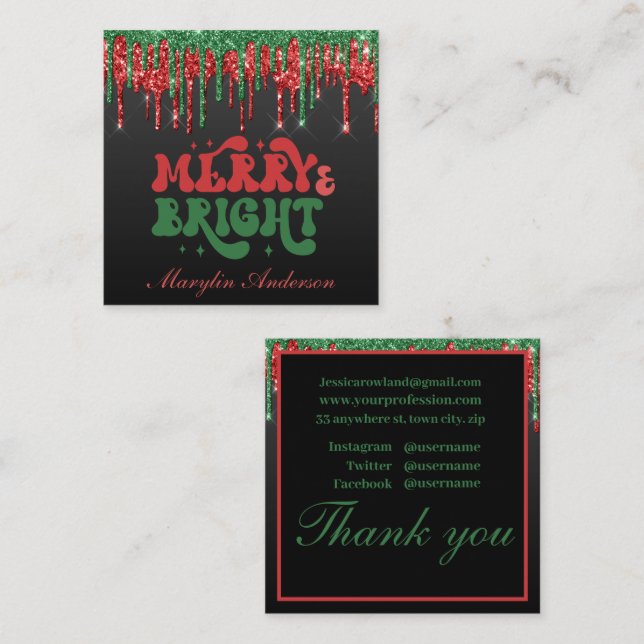 MERRY & BRIGHT CHRISTMAS SCRIPT CUSTOM MONOGRAM SQUARE BUSINESS CARD (Front/Back)