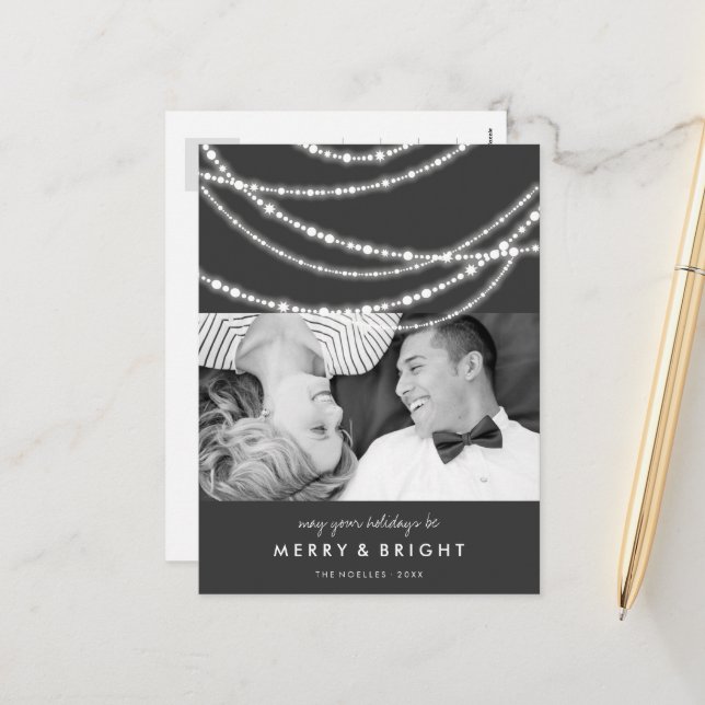 Merry & Bright Christmas Sparkling Lights Photo Holiday Postcard (Front/Back In Situ)