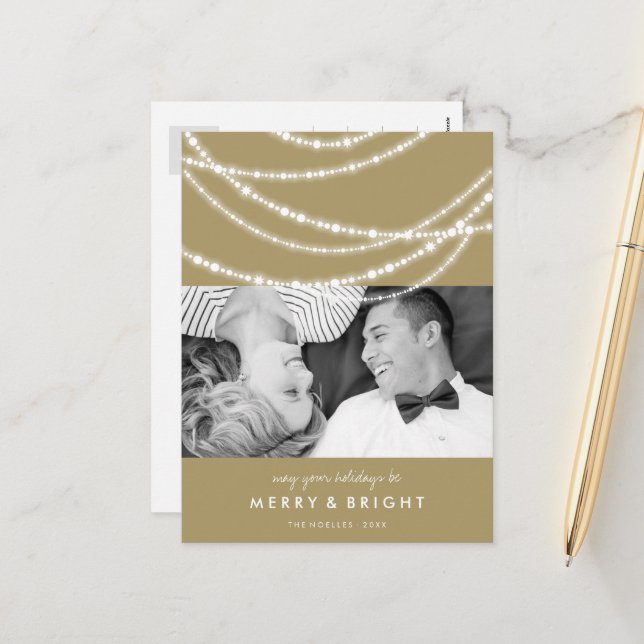 Merry & Bright Christmas Sparkling Lights Photo Holiday Postcard (Front/Back In Situ)