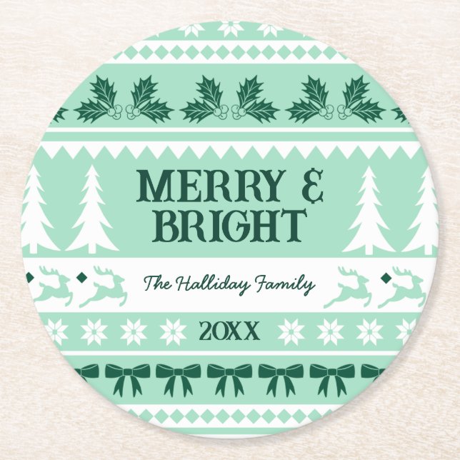 Merry & Bright Christmas Sweater Mint Green Round Paper Coaster (Front)