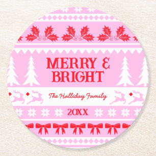 Merry & Bright Christmas Sweater Pink and Red Round Paper Coaster