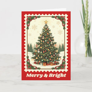 Merry & Bright Christmas Tree Postage Stamp Holiday Card