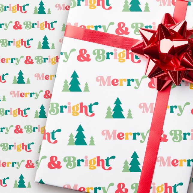 Merry & bright Christmas trees colourful retro fon Wrapping Paper (Merry & bright Christmas trees colorful retro font Wrapping Paper)