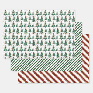 Merry & Bright Christmas Trees & Stripes Set of 3 Wrapping Paper Sheet
