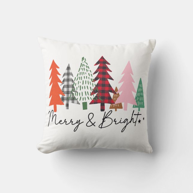 Merry & Bright Christmas Trees Throw Pillow (Front)