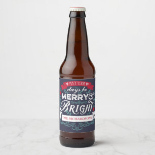 Merry & Bright Christmas Typography Custom Banner Beer Bottle Label