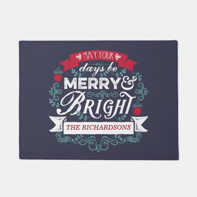 Merry & Bright Christmas Typography Custom Banner Doormat (Front)