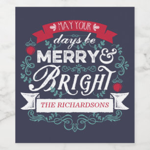 Merry & Bright Christmas Typography Custom Banner Wine Label