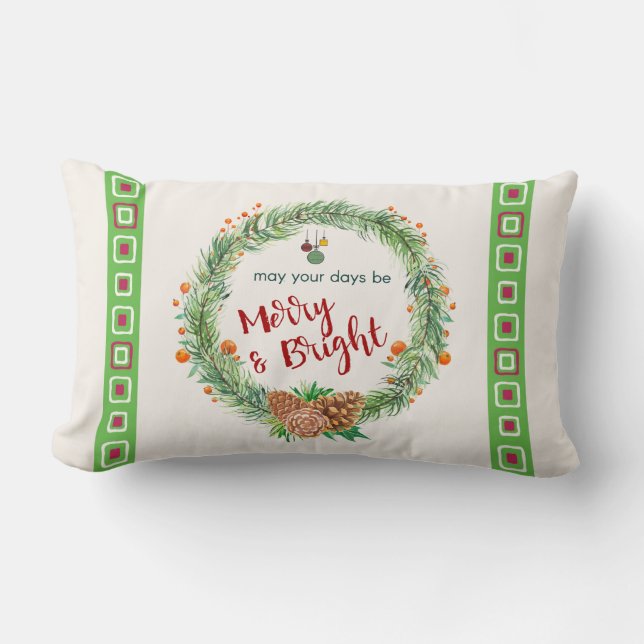 Merry & Bright Christmas Wreath Lumbar Pillow (Front)