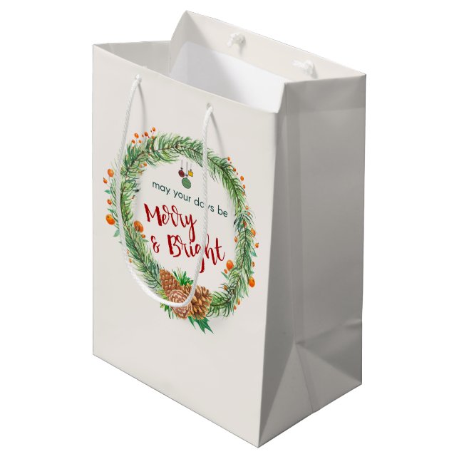 Merry & Bright Christmas Wreath Medium Gift Bag (Front Angled)