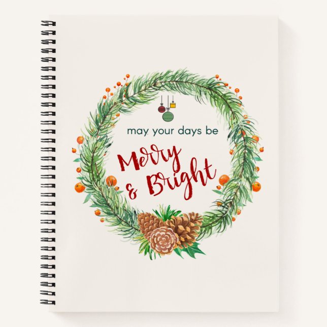 Merry & Bright Christmas Wreath Notebook (Front)