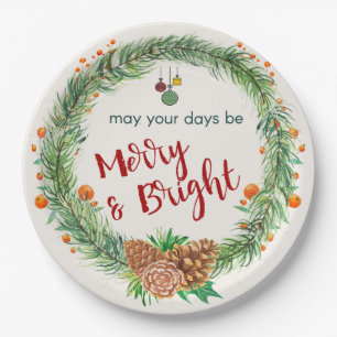 Merry & Bright Christmas Wreath Paper Plate
