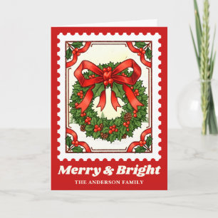 Merry & Bright Christmas Wreath Postage Stamp Holiday Card