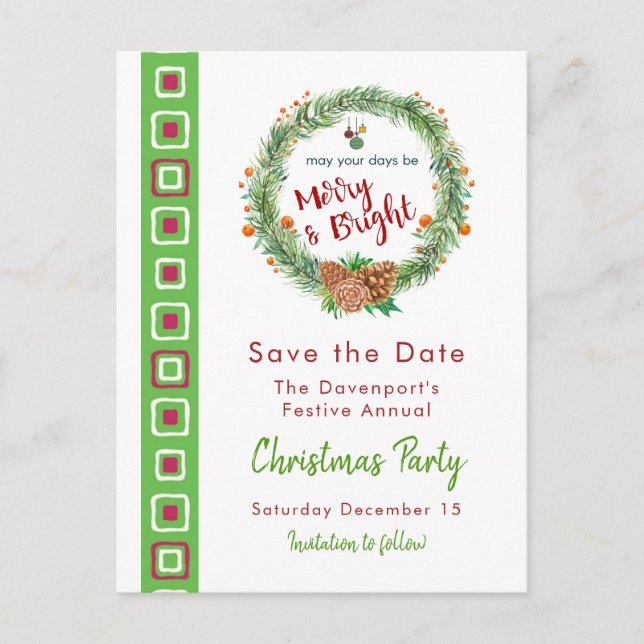 Merry & Bright Christmas Wreath Save the Date Postcard (Front)