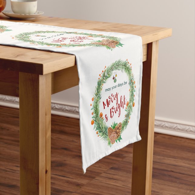 Merry & Bright Christmas Wreath Short Table Runner (In Situ)