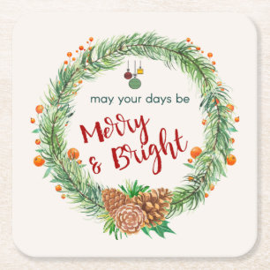 Merry & Bright Christmas Wreath Square Paper Coaster