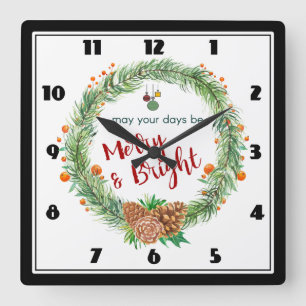 Merry & Bright Christmas Wreath Square Wall Clock