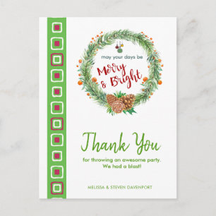 Merry & Bright Christmas Wreath Thank You Postcard