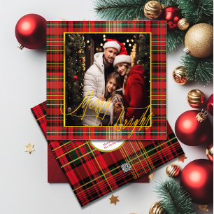 'Merry & Bright' Classic Plaid Red and Green Photo Holiday Card
