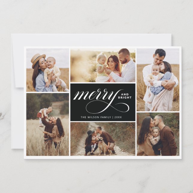 Merry Bright Collage Holiday Photo Card Black (Front)