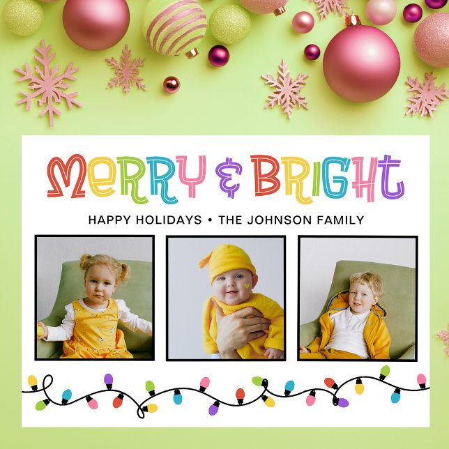 Merry & Bright Colourful 3 Photo Holiday Card (Creator Uploaded)