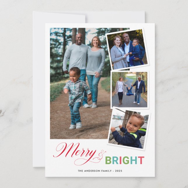 Merry & Bright Colourful 4 Photo Christmas Holiday Card (Front)