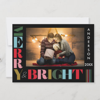 Merry & Bright  Colourful Christmas Photo Black Holiday Card