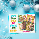 Merry Bright Colourful Christmas Photo Collage Holiday Card<br><div class="desc">Cute and cheerful family photo collage holiday cards featuring a colourful strand of Christmas lights wrapped around your kids photograph. May Your Days Be Merry and Bright written in bold letters from light blue to your family name in hot pink. A rainbow of colours for the holidays. Add your favourite...</div>