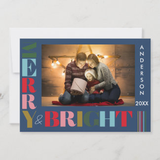 Merry & Bright  Colourful Christmas Photo Navy blu Holiday Card
