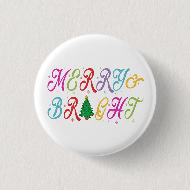 Merry & Bright Colourful Christmas Tree Festive 1 Inch Round Button (Front)
