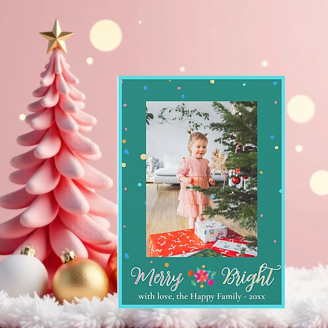 Merry Bright Colourful Photo Christmas  Holiday Card (Merry and Bright Christmas Greeting Card photo personalize with family name and year.)