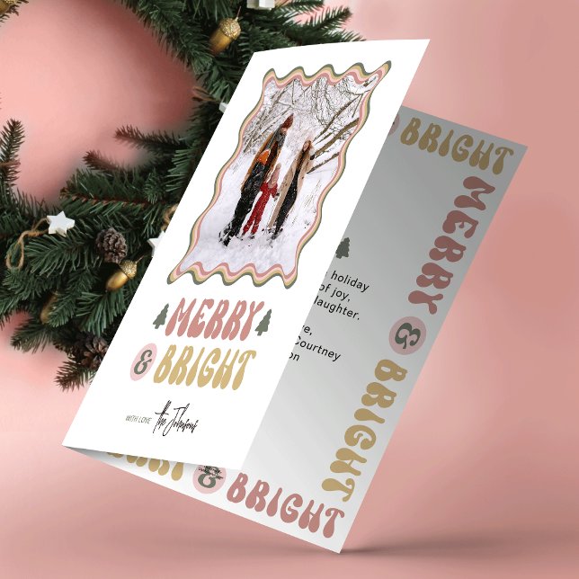 Merry & Bright Colourful Retro Fun Photo Christmas Holiday Card (Embrace the nostalgic charm with this fun Merry & Bright Photo Christmas Greeting Card)