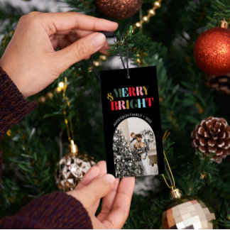 Merry & Bright Colourful RetroChristmas Photo Blac Gift Tags