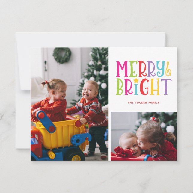 Merry & Bright Colourful Stripes 2-Photo Christmas Holiday Card (Front)