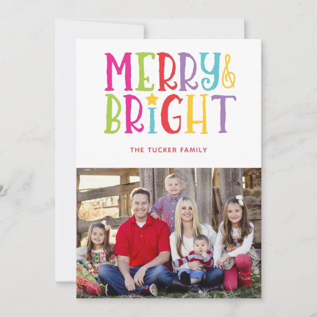 Merry & Bright Colourful Stripes Photo Christmas Holiday Card (Front)