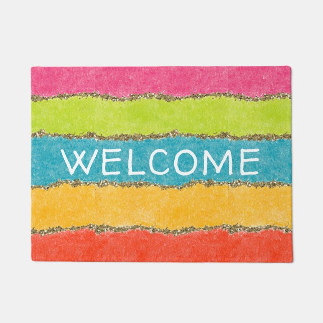 Merry Bright Colours Glittery Stripes Doormat (Front)