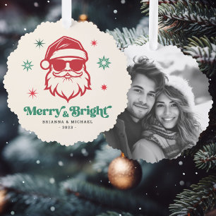 Merry Bright cool Santa in sunglasses retro stars Ornament Card