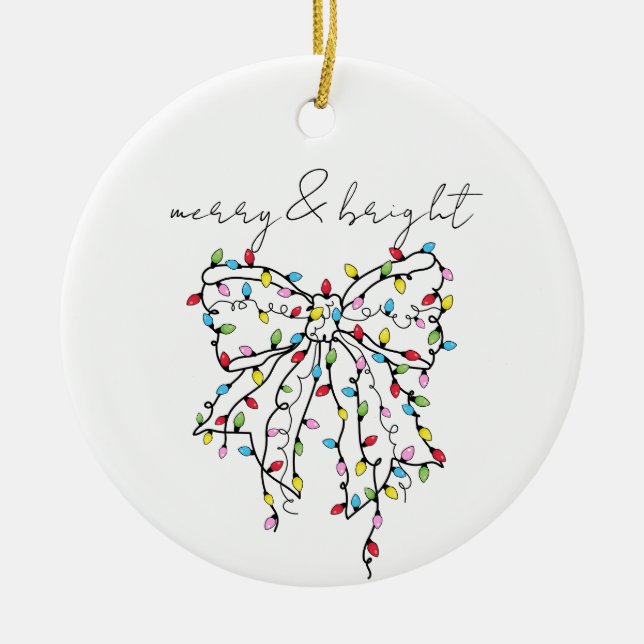 Merry & Bright Coquette Christmas Lights Bow Ceramic Ornament (Front)