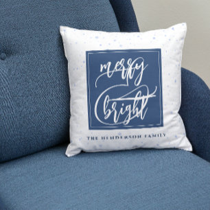 Merry & Bright Custom Name Blue Snowflakes Throw Pillow