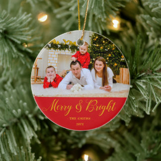 Merry & Bright Custom Photo & Name Ceramic Ornament