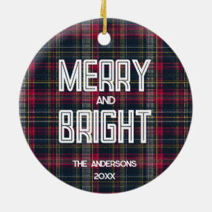 Merry & Bright Custom Tartan Family Photo Holiday Ceramic Ornament