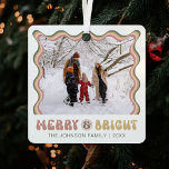 Merry & Bright Cute Christmas Photo Retro Colourfu Metal Ornament<br><div class="desc">Make custom Christmas tree ornaments with a photo for yourself or to gift to loved ones. This trendy and fun holiday ornament design features groovy colourful fonts which read 'Merry & Bright' with space for your family name and date underneath - this nostalgic ornament design makes a great keepsake for...</div>