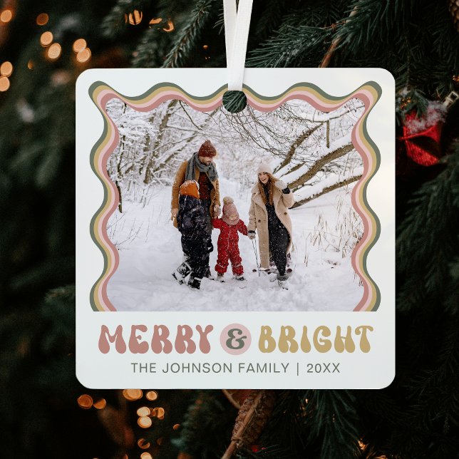 Merry & Bright Cute Christmas Photo Retro Colourfu Metal Ornament (Trendy and chic Family Photo Christmas ornament with retro fonts and fun colors)