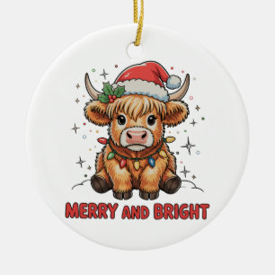 Merry & Bright Cute Highland Baby Cow Christmas Ceramic Ornament