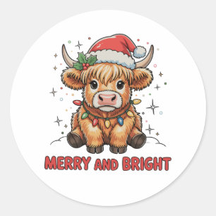 Merry & Bright Cute Highland Baby Cow Christmas Classic Round Sticker