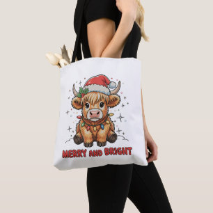 Merry & Bright Cute Highland Baby Cow Christmas Tote Bag