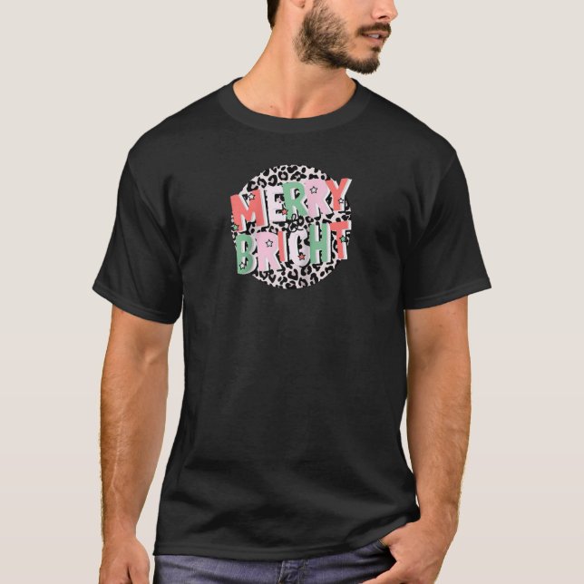 Merry Bright Cute Leopard Print Stars Christmas Ho T-Shirt (Front)