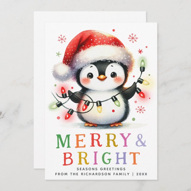 Merry & Bright Cute Penguin Christmas Holiday Card (Front/Back)