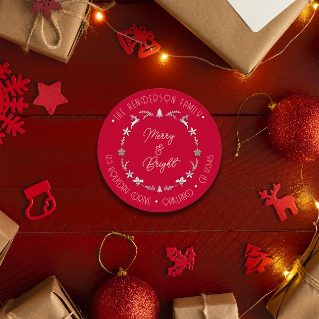 Merry Bright Family Address Deer Grey Silver Red Classic Round Sticker (Merry Bright Family Address Deer Gray Silver Red Classic Round Sticker)