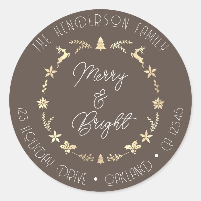 Merry Bright Family Address Reindeer Wreath Gold Classic Round Sticker (Front)